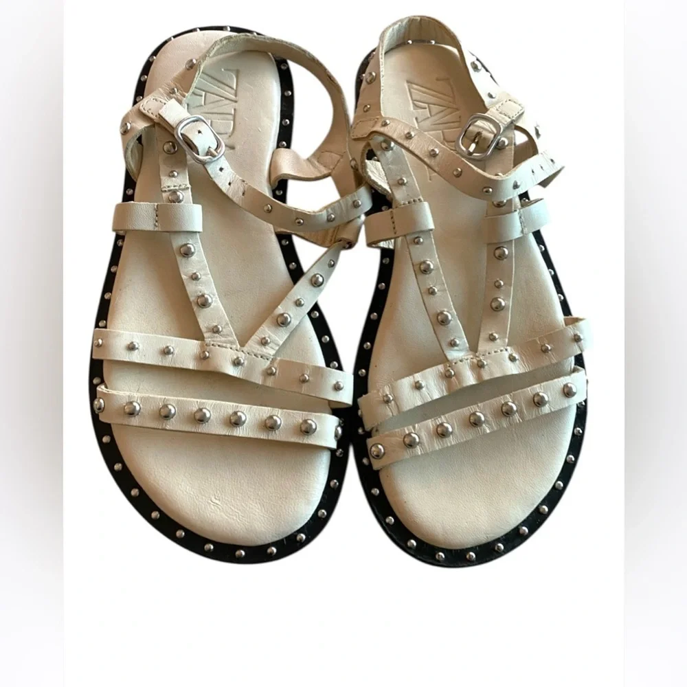 Zara Cream white leather summer Kids White Studded Sandals EU 30 (US 12) - Picture 1 of 5